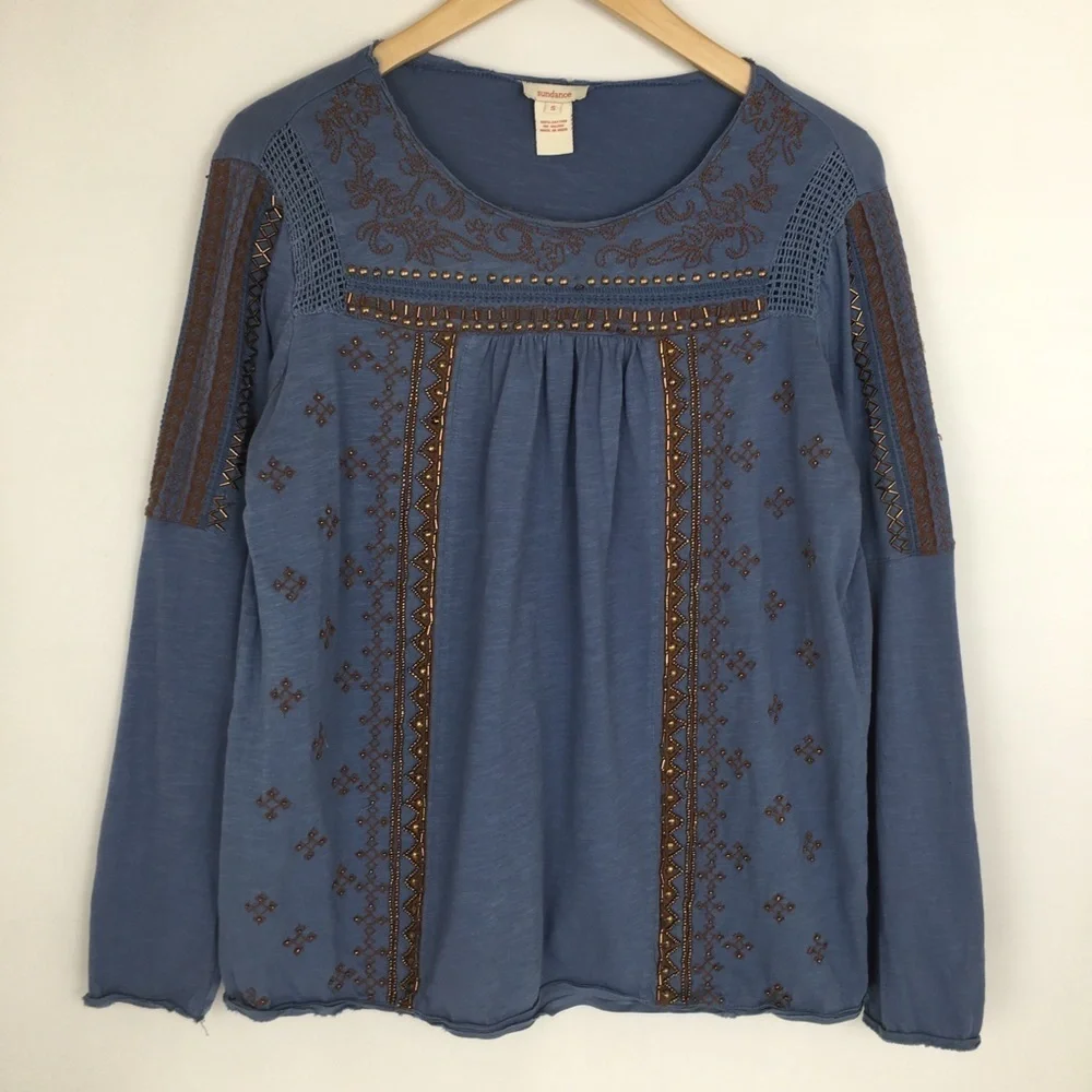 Sundance Boho Top Beaded Embroidered Blue Copper Long Sleeve Women’s Size Small